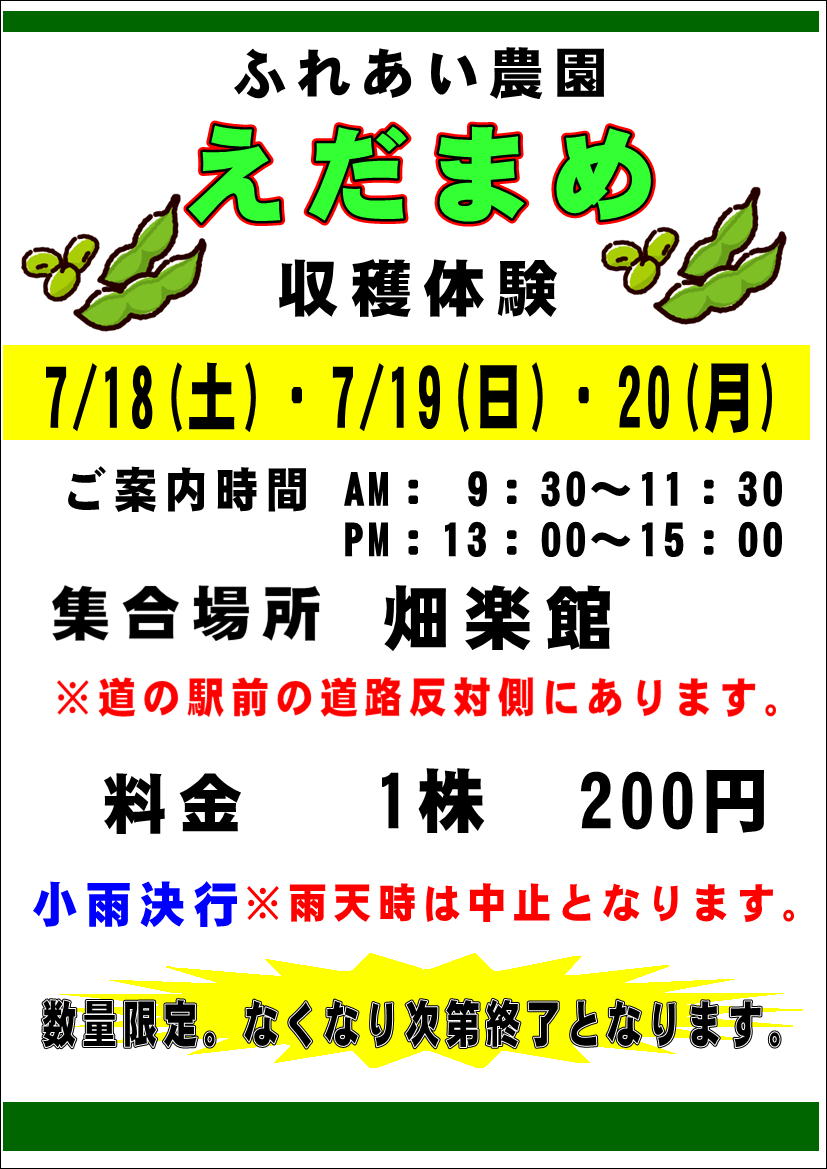 7/18(土)、19(日)、20(月)”枝豆”の収穫体験